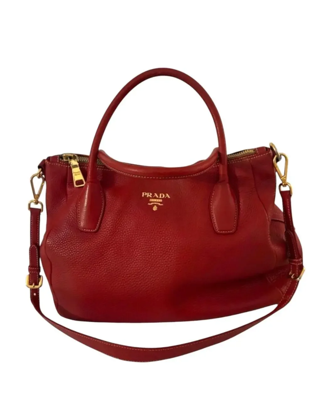 Prada Red Pebbled Leather Satchel Handbag
